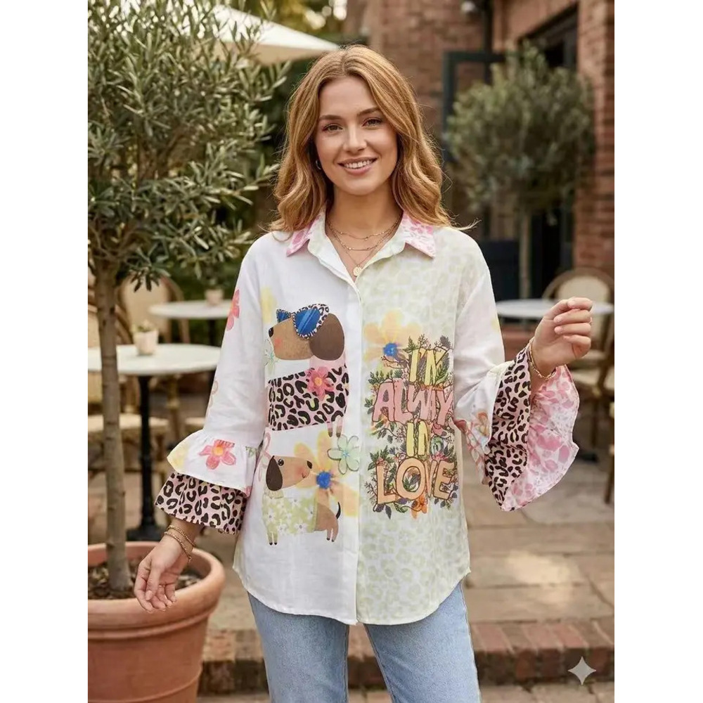 Printed Button-Up Blouse in White with Multicolor Accents
